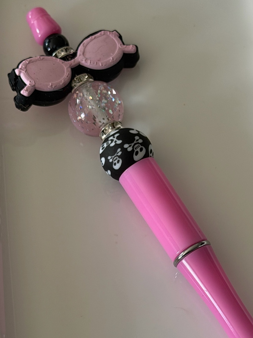 Girls' Pink Novelty Pen with Sunglasses & Skull Bead